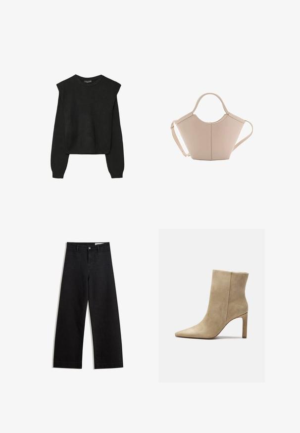 Pull en tricot noir à manches longues avec épaules rembourrées et poignets et ourlet côtelés, présenté sur un fond blanc.; Pantalon en denim noir à jambes larges avec une taille haute, comprenant des poches avant et arrière, des coutures piquées et une fermeture à bouton. Texture lisse.; Zign Bottines à talons hauts - beige; Sac à main en cuir beige avec une forme unique, doté de deux poignées courtes et d'une longue sangle réglable. Texture lisse avec un minimum de matériel.