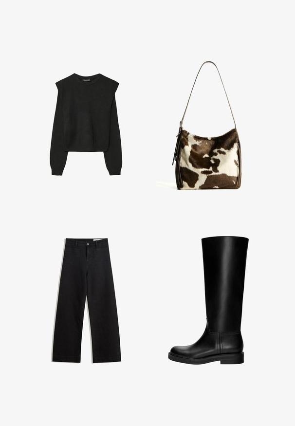 Svart långärmad stickad tröja med vadderade axlar och ribbade muddar och fåll, visad mot en vit bakgrund.; Svarta vida denimbyxor med hög midja, med fram- och bakfickor, sydda sömmar och knappstängning. Slät textur.; Svarta läderstövlar i knähöjd med en slät textur, rund tå, diskret design och en låg klack. Ingen synlig hårdvara eller mönster.; Brun och krämfärgad ko-läder axelväska med ett slätt läderband, dragkedjestängning och en mjuk, texturerad yta med ett naturligt mönster.