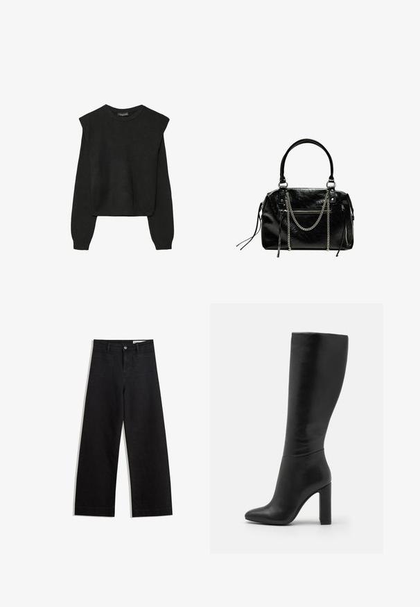 Sort striktrøje med lange ærmer, polstrede skuldre og ribkantede manchetter og kant, vist mod en hvid baggrund.; Sorte wide-leg denim bukser med høj talje, der har front- og baglommer, syede sømme og en knaplukning. Glat tekstur.; Knæhøj sort læderstøvle med spids tå og høj blokhæl. Glat tekstur med minimalistisk design og ingen synlig hardware.; Bershka WITH CHAIN - Håndtasker - black