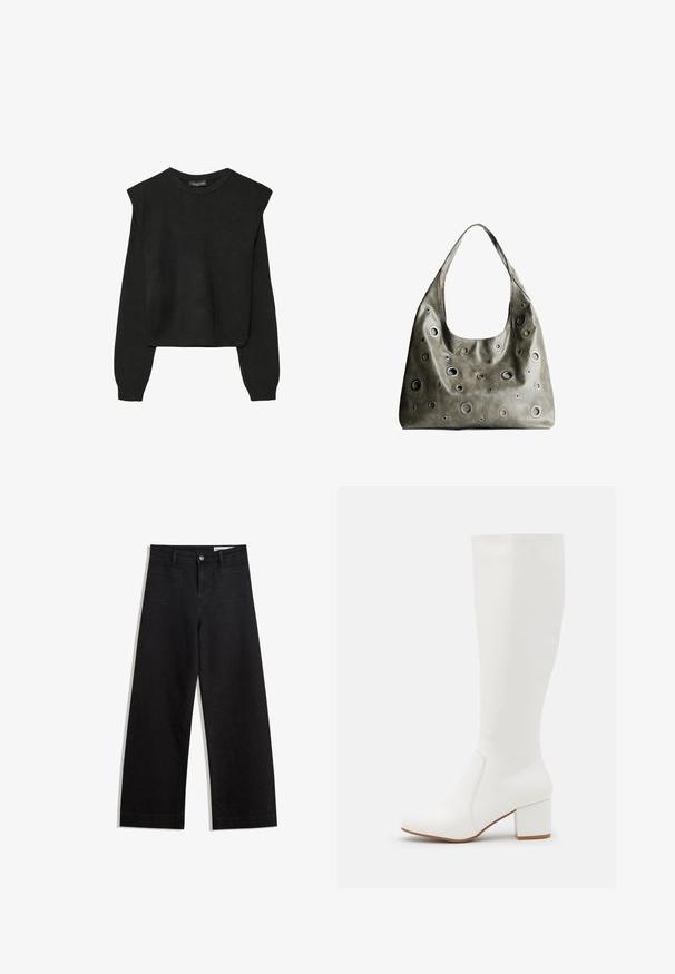 Crna pletena dugoslojna majica sa podloženim ramenima i rebrastim manžetama i rubom, prikazana na bijeloj pozadini.; Crne široke traperice s visokim strukom, s prednjim i stražnjim džepovima, šivenim šavovima i kopčanjem na gumb. Glatka tekstura.; Bijele čizme do koljena s glatkom, sjajnom završnom obradom. Kvadratni blok peta i suptilni šavovi duž strane.; Maslinasto zeleni kožni ručni kovčeg s opuštenim dizajnom, s raznim kružnim izrezima različitih veličina i naglascima u tamnijim i svjetlijim nijansama.