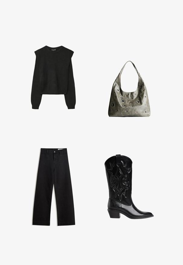 Czarny, długi sweter z dzianiny z poduszkami na ramionach oraz prążkowanymi mankietami i dołem, pokazany na białym tle.; Czarne dżinsowe spodnie o szerokich nogawkach i wysokim stanie, z przednimi i tylnymi kieszeniami, przeszyciami oraz zapięciem na guziki. Gładka struktura.; Czarne skórzane kowbojki z haftowanymi dekoracyjnymi wzorami, w szpic, o średniej wysokości skośnym obcasie i pasku do łapania na szczycie cholewy.; Oliwkowa skórzana torebka o luźnym fasonie, z różnej wielkości okrągłymi wycięciami i akcentami w ciemniejszych i jaśniejszych odcieniach.