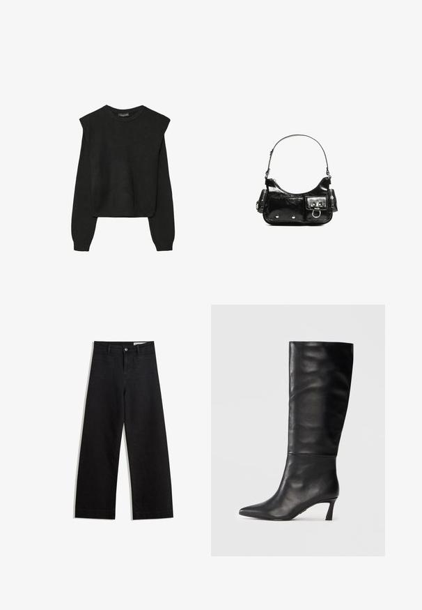 Čierny pletený sveter s dlhými rukávmi, vycpanými ramenami a rebrovanými nápletmi a spodným okrajom, zobrazený na bielom pozadí.; Čierne denimové nohavice s širokými nohavicami a vysokým pásom, so prednými a zadnými vreckami, šitými švami a zapínaním na gombík. Hladká textúra.; Čierne kožené vysoké čižmy po kolená s špicatou špičkou a úzkym podpätkom. Hladká textúra s bezšvíkovým dizajnom a lešteným povrchom.; Čierna laková kožená kabelka s ohnutým tvarom, jedným ramenným popruhom, prednými vreckami a striebornými kovovými doplnkami.