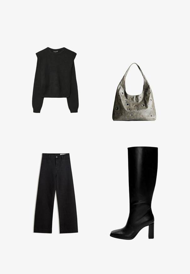 Czarny, długi sweter z dzianiny z poduszkami na ramionach oraz prążkowanymi mankietami i dołem, pokazany na białym tle.; Czarne dżinsowe spodnie o szerokich nogawkach i wysokim stanie, z przednimi i tylnymi kieszeniami, przeszyciami oraz zapięciem na guziki. Gładka struktura.; Czarne skórzane kozaki do kolan z kwadratowym noskiem i grubym obcasem. Gładka tekstura, dopasowany krój i brak widocznych akcesoriów lub wzorów.; Oliwkowa skórzana torebka o luźnym fasonie, z różnej wielkości okrągłymi wycięciami i akcentami w ciemniejszych i jaśniejszych odcieniach.