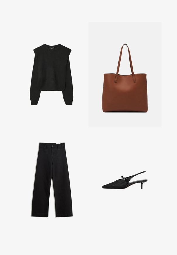 Maglione nero a maniche lunghe in maglia con spalle imbottite e polsini e orlo a coste, mostrato su uno sfondo bianco.; Pantaloni in denim neri a gamba larga con vita alta, dotati di tasche anteriori e posteriori, cuciture a punto, e chiusura con bottone. Texture liscia.; Décolleté slingback neri con punta affusolata, parte superiore in rete testurizzata, sottile cinturino regolabile con fibbia argentata e tacco a stiletto di 5 cm.; Borsa tote in pelle marrone con texture liscia, design con apertura superiore e due spallacci. Presenta cuciture minime e nessun hardware visibile.
