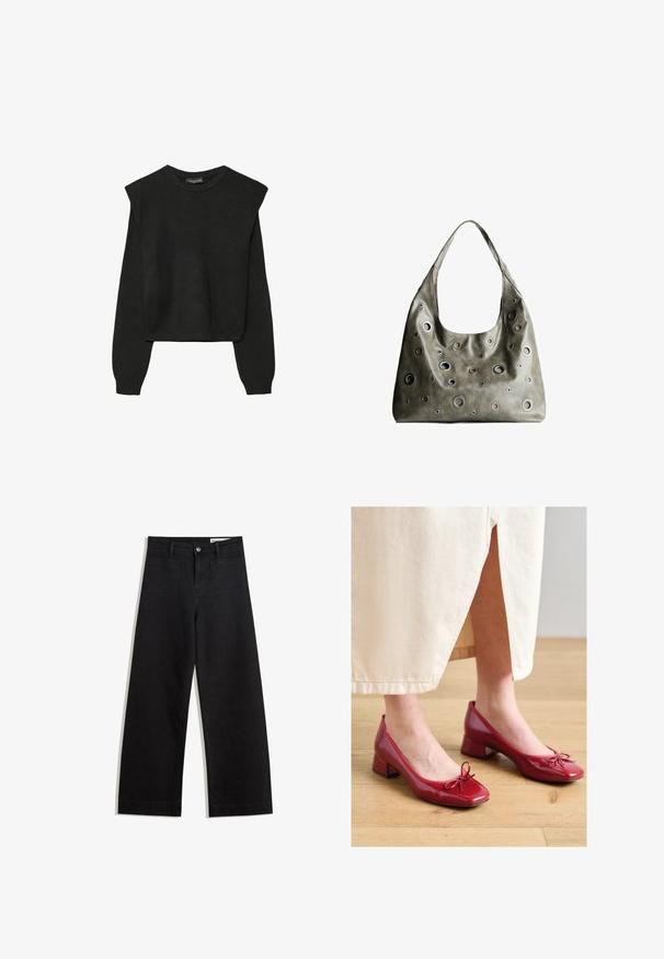 Čierny pletený sveter s dlhými rukávmi, vycpanými ramenami a rebrovanými nápletmi a spodným okrajom, zobrazený na bielom pozadí.; Čierne denimové nohavice s širokými nohavicami a vysokým pásom, so prednými a zadnými vreckami, šitými švami a zapínaním na gombík. Hladká textúra.; Tamaris Klasické lodičky na opätku - red; Olive zelená kožená kabelka so spadnutým dizajnom, obsahujúca rôzne veľkosti kruhových výrezov a akcenty v tmavších a svetlejších odtieňoch.