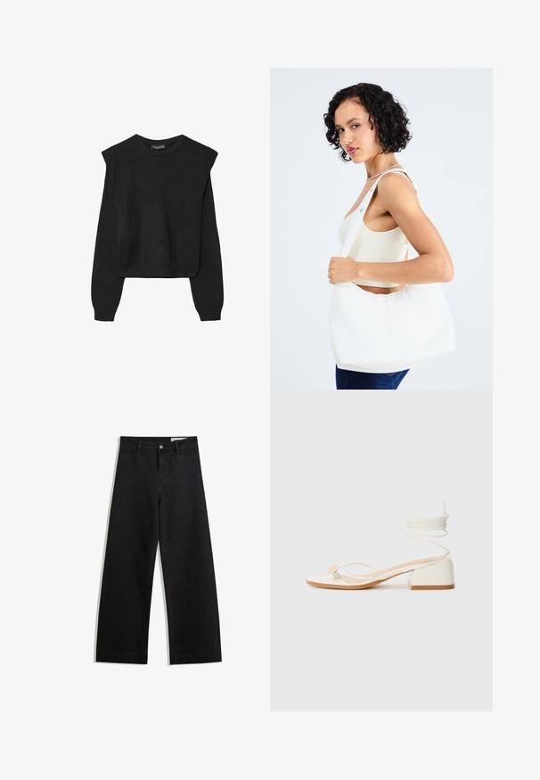 Crna pletena dugoslojna majica sa podloženim ramenima i rebrastim manžetama i rubom, prikazana na bijeloj pozadini.; Crne široke traperice s visokim strukom, s prednjim i stražnjim džepovima, šivenim šavovima i kopčanjem na gumb. Glatka tekstura.; Bijele sandale na petu sa četvrtastom petom, tankim trakama i okruglim detaljem. Imaju teksturiranu potplat i uvijeni vez na gležnju.; Bijela torba preko ramena izrađena od glatkog materijala, sa ovalnim izrezom i širokim remenom. Jednostavna i moderna, bez vidljivih metalnih dijelova.