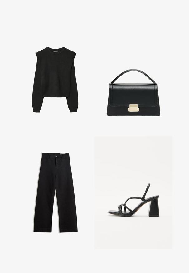 Sort striktrøje med lange ærmer, polstrede skuldre og ribkantede manchetter og kant, vist mod en hvid baggrund.; Sorte wide-leg denim bukser med høj talje, der har front- og baglommer, syede sømme og en knaplukning. Glat tekstur.; Sort hæl sandal med en firkantet, kraftig hæl, der har flere tynde remme over foden og et åbent bagdesign. Glat læder tekstur.; Sort læderhandtaske med et struktureret design, topbærerhåndtag og en detalje i guldfarvet metalklap på fronten. Glat tekstur, minimal syning.