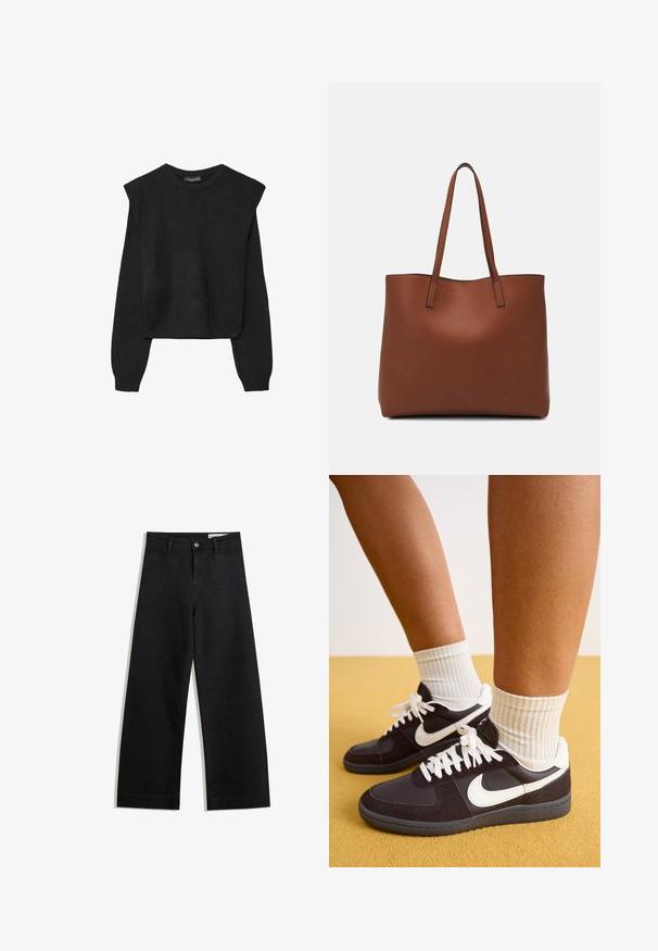 Crna pletena dugoslojna majica sa podloženim ramenima i rebrastim manžetama i rubom, prikazana na bijeloj pozadini.; Crne široke traperice s visokim strukom, s prednjim i stražnjim džepovima, šivenim šavovima i kopčanjem na gumb. Glatka tekstura.; Crno-bijele Nike tenisice od antilopa i kože, s bijelim vezicama, uparene s rebrastim krem čarapama, na žutoj pozadini.; Smeđa kožna torba preko ramena s glatkom teksturom, otvorenim vrhom i dvjema naramenicama. Ima minimalne šavove i nema vidljivog hardvera.