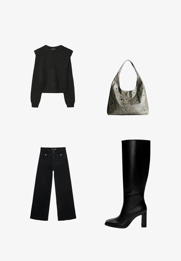 Crna pletena dugoslojna majica sa podloženim ramenima i rebrastim manžetama i rubom, prikazana na bijeloj pozadini.; Crne široke traperice s visokim strukom, koje imaju dva prednja džepa i metalne gumbe kao ukrase. Tkanina ima glatku teksturu.; Crne kožne čizme do koljena s četvrtastim vrhom i debelim potplatom. Glatka tekstura, prilagođen dizajn, i bez vidljivih metalnih dijelova ili uzoraka.; Maslinasto zeleni kožni ručni kovčeg s opuštenim dizajnom, s raznim kružnim izrezima različitih veličina i naglascima u tamnijim i svjetlijim nijansama.