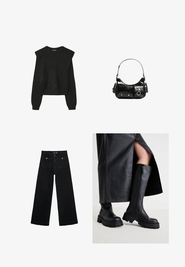 Pull en tricot noir à manches longues avec épaules rembourrées et poignets et ourlet côtelés, présenté sur un fond blanc.; Jean's larges noires avec taille haute, dotés de deux poches avant et d'accents en métal sur les boutons. Le tissu a une texture lisse.; Bottes noires hauteau genou avec une semelle épaisse, texture en cuir lisse, fermeture éclair sur le côté et design minimaliste, associées à une jupe noire fendue.; Sac à main en cuir verni noir avec une forme incurvée, une bandoulière, des poches avant et des accents en métal argenté.