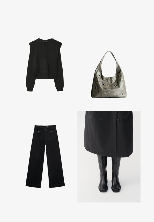 Černý pletený svetr s dlouhými rukávy, vycpanými ramenními částmi a ribbovanými manžetami a lemem, zobrazený na bílém pozadí.; Černé široké džíny s vysokým pasem, obsahující dvě přední kapsy a kovové knoflíkové detaily. Látka má hladkou texturu.; Černé kožené boty po kolena se čtveratou špičkou, hladkým povrchem a minimalistic designem, v kombinaci s dlouhým černým kabátem.; Olivově zelená kožená kabelka s uvolněným designem, která má kulaté výřezy různých velikostí a akcenty v tmavších a světlejších odstínech.
