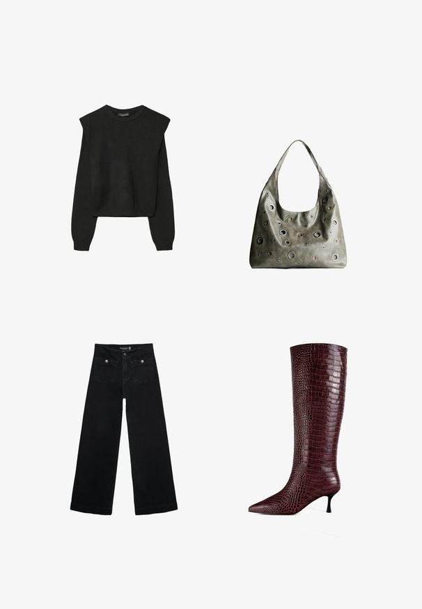 Črn dolgi pulover iz pletenine z oblazinjenimi rameni ter rebrastimi manšetami in robom, prikazan na beli podlagi.; Črne široke kavbojke z visokim pasom, ki imajo dva sprednja žepa in kovinske gumbi. Tkanina ima gladko teksturo.; Burgundske visoke škornje s koničastim prstom, izdelane iz teksturirane umetne krokodilske kože, z nizko stiletto peto in gladko obdelavo.; Olivnozeleni usnjeni ročni torbici z ohlapno obliko, ki ima različne velikosti okroglih izrezov in poudarke v temnejših in svetlejših odtenkih.