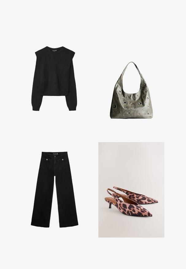 Pull en tricot noir à manches longues avec épaules rembourrées et poignets et ourlet côtelés, présenté sur un fond blanc.; Jean's larges noires avec taille haute, dotés de deux poches avant et d'accents en métal sur les boutons. Le tissu a une texture lisse.; Escarpins slingback à bouts pointus à talons bas et fins, imprimé léopard rose et noir, placés côte à côte sur un fond clair.; Sac à main en cuir vert olive au design décontracté, avec des découpes circulaires de différentes tailles et des accents dans des teintes plus sombres et plus claires.