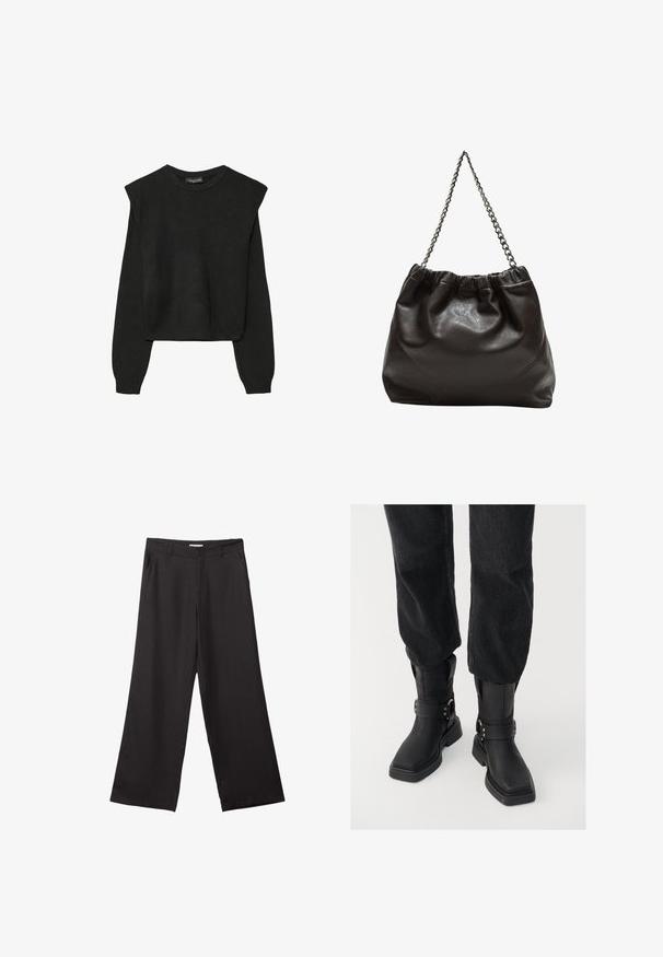 Černý pletený svetr s dlouhými rukávy, vycpanými ramenními částmi a ribbovanými manžetami a lemem, zobrazený na bílém pozadí.; Černé široké kalhoty vyrobené z hladké tkaniny, s předním zipem a dvěma bočními kapsami, s dobře padnoucím střihem a minimalistickým designem.; Černé kožené kotníkové boty se čtveratou špičkou, vybavené širokým páskem a kovovou sponou. Boty mají chunky podešev a hladký povrch.; Hnědá kožená taška se sbíraným vrškem a řetízkovým popruhem. Hladký povrch s lesklým finišem a jemným švem na bocích.