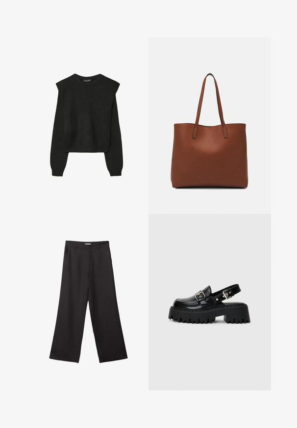 Černý pletený svetr s dlouhými rukávy, vycpanými ramenními částmi a ribbovanými manžetami a lemem, zobrazený na bílém pozadí.; Černé široké kalhoty vyrobené z hladké tkaniny, s předním zipem a dvěma bočními kapsami, s dobře padnoucím střihem a minimalistickým designem.; Černé platformové sandály vyrobené z lesklé kůže, s přezkou a texturovanou silnou podrážkou s výraznými rýhami.; Hnědá kožená taška přes rameno s hladkou texturou, otevřeným designem a dvěma ramenními popruhy. Obsahuje minimální švy a žádné viditelné kovové prvky.