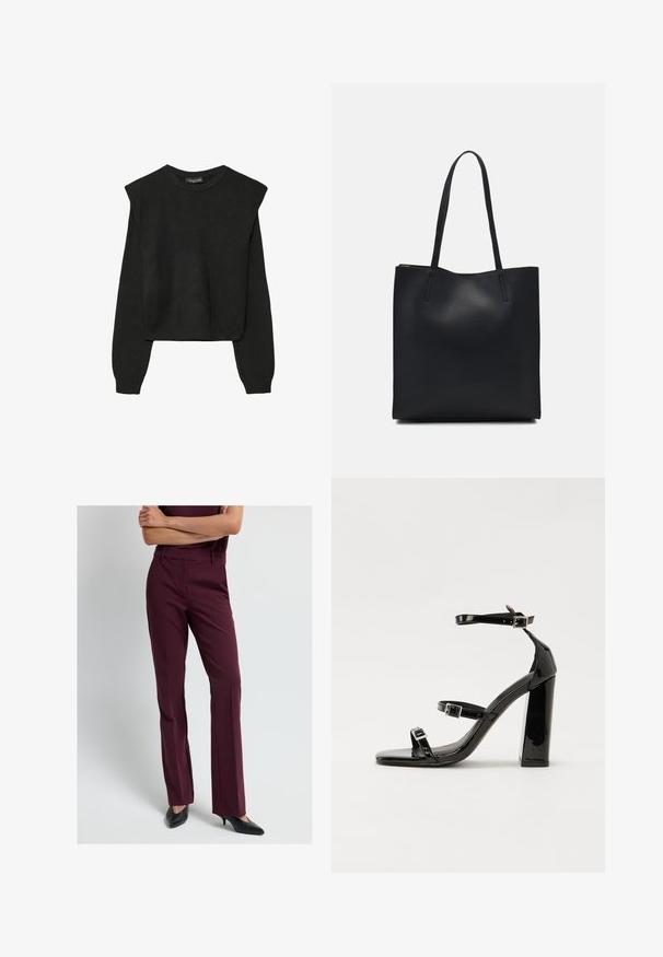 Czarny, długi sweter z dzianiny z poduszkami na ramionach oraz prążkowanymi mankietami i dołem, pokazany na białym tle.; Bordowe spodnie o dopasowanym kroju z prostymi nogawkami, wykonane z gładkiej tkaniny. Posiadają szlufki na pasek oraz zamek błyskawiczny. W połączeniu z czarnymi szpilkami.; Czarne lakierowane sandały na wysokim obcasie, z dwoma paskami zapinanymi na klamry, kwadratowy nosek i masywny obcas typu słupek, o gładkiej, błyszczącej fakturze.; Czarna skórzana torba tote o gładkiej fakturze, prostokątnym kształcie i dwóch długich uchwytach. Brak widocznych elementów metalowych i ozdób.