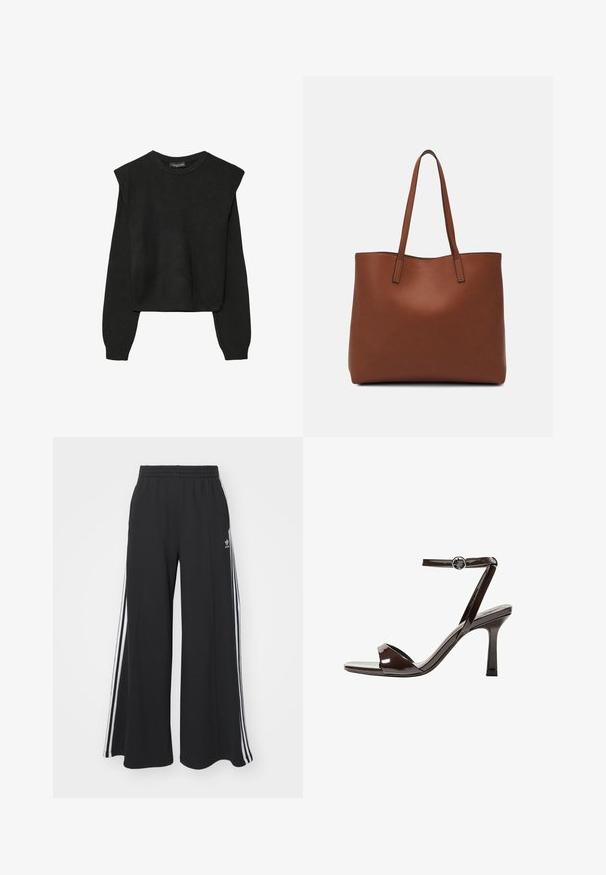 Svart långärmad stickad tröja med vadderade axlar och ribbade muddar och fåll, visad mot en vit bakgrund.; Svarta vida sweatpants med elastisk midje, med vita sidosträck och en broderad logotyp på vänster lår.; Bruna lackläder högklackade sandaler med ankelrem, öppen tå och en elegant, minimalistisk design. Har en fyrkantig klack.; Brun läder tote-väska med en slät textur, öppen toppdesign och två axelremmar. Har minimal söm och ingen synlig metalldetalj.