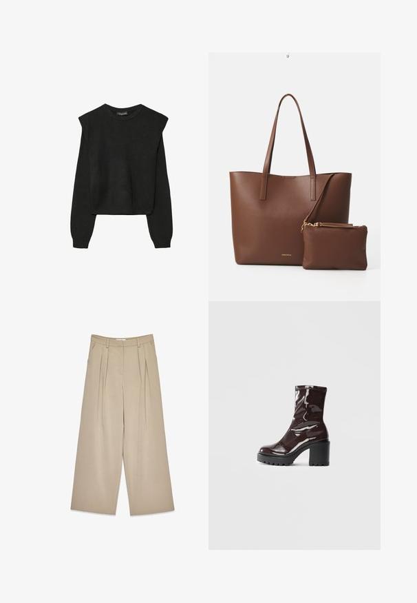 Czarny, długi sweter z dzianiny z poduszkami na ramionach oraz prążkowanymi mankietami i dołem, pokazany na białym tle.; Beżowe spodnie o szerokich nogawkach z fałdami z przodu, kieszeniami bocznymi, szlufkami na pasek oraz ukrytym zapięciem z przodu.; Błyszczące bordowe botki za kostkę z masywną czarną obcasem, charakteryzujące się gładką teksturą i prostym wzornictwem. Brak widocznych zapięć lub wzorów.; Brązowa torba tote z syntetycznej skóry, z dwiema długimi rączkami i dopasowaną małą saszetką. Powierzchnia ma teksturowany wzór i złote akcenty.