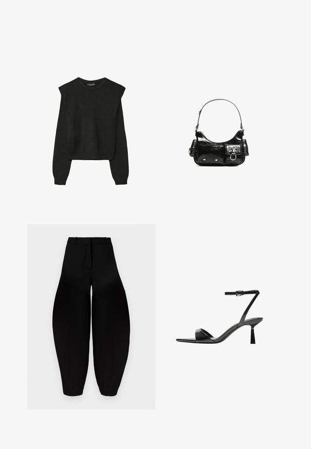 Černý pletený svetr s dlouhými rukávy, vycpanými ramenními částmi a ribbovanými manžetami a lemem, zobrazený na bílém pozadí.; Černé široké kalhoty s vysokým pasem, sklady na přední straně a zúženými kotníky. Vyrobeny z hladké látky s matným povrchem.; Bershka Sandály na vysokém podpatku - black; Černá lakovaná kožená kabelka s křivkovým tvarem, jedním ramenním popruhem, předními kapsami a stříbrnými kovovými detaily.