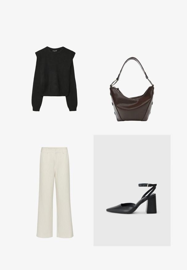 Črn dolgi pulover iz pletenine z oblazinjenimi rameni ter rebrastimi manšetami in robom, prikazan na beli podlagi.; Hlače širokega kroja iz kremastega blaga s subtilnimi navpičnimi črtami, z ravnim pasom in zankami za pas. Gladka tekstura brez žepov.; Črne usnjene klasične čevlje z ostrim nosom, z zaponko za gleženj in debelim peto. Ravna tekstura, eleganten dizajn in minimalistična estetika.; Temna rjava usnjena torbica s ukrivljeno obliko, z zadrgo in kratko ročico. Ima kovinske dodatke in okrasne črne gumbe na strani.