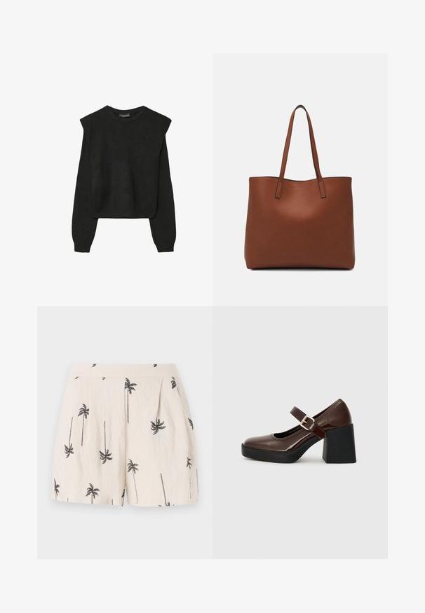 Černý pletený svetr s dlouhými rukávy, vycpanými ramenními částmi a ribbovanými manžetami a lemem, zobrazený na bílém pozadí.; Světle béžové šortky s černým vzorem palmových stromů, s sklady vpředu a hladkým, lehkým textilním materiálem.; Hnědé lakované kožené Mary Jane boty s blokovým podpatkem, se sponou a zakulacenou špičkou, odpočívející na texturované černé podrážce.; Hnědá kožená taška přes rameno s hladkou texturou, otevřeným designem a dvěma ramenními popruhy. Obsahuje minimální švy a žádné viditelné kovové prvky.