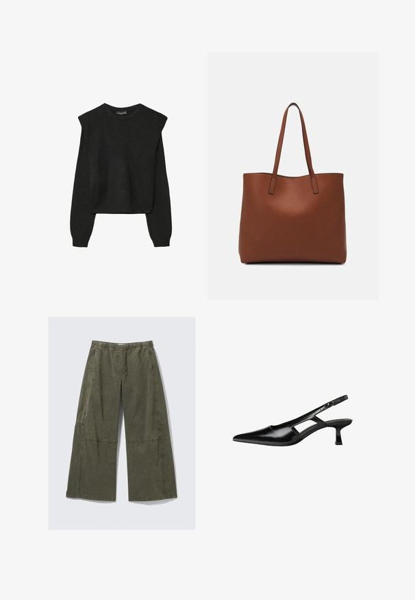 Black long-sleeve knitted sweater with padded shoulders and ribbed cuffs and hem, shown against a white background.; Wide-legged pants in olive green fabric, featuring an elastic waistband, visible stitching, and a relaxed fit with side seams.; Black patent leather slingback heels with a pointed toe, cut-out side design, and a small square heel. Smooth texture with minimal accents.; Brown leather tote bag with a smooth texture, open top design, and two shoulder straps. Features minimal stitching and no visible hardware.