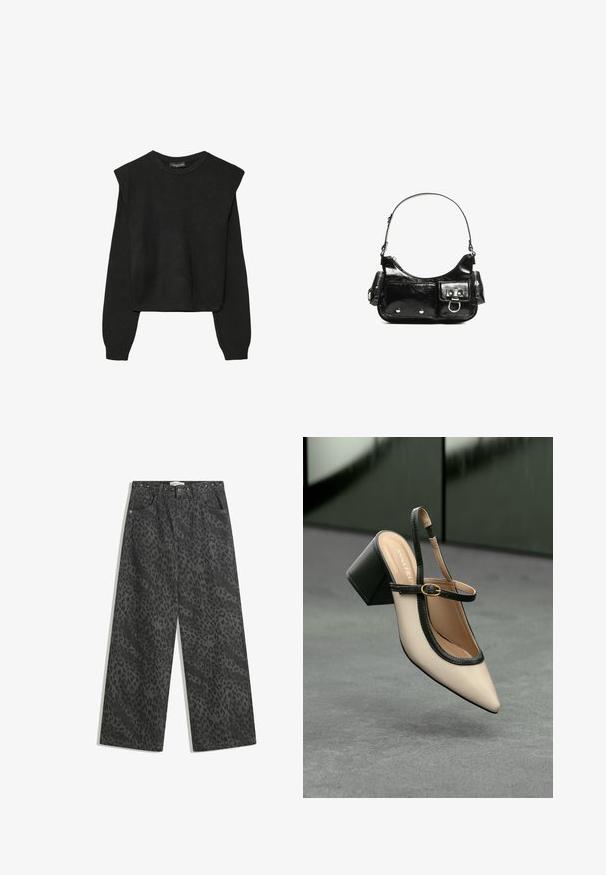 Mustat pitkätuuliseset neulepaidat, joissa on toppaukset harteilla sekä ribbaus hihansuissa ja helmassa, esitetty valkoista taustaa vasten.; Mustat farkkuleggingsit, joissa on hienovarainen leopardi-printti, metalliset niitti-yksityiskohdat vyötäröllä sekä klassinen viisi-taskuinen muotoilu.; Beige slingback-kengät, joissa on musta reuna, kultahakas, ja paksu lohkoheel, harmaalla lattialla tummanvihreää taustaa vasten.; Mustekko mustasta kiiltonahasta valmistettu käsilaukku, jossa on kaareva muoto, yksi olkahihna, etutaskut ja hopeanväriset yksityiskohdat.