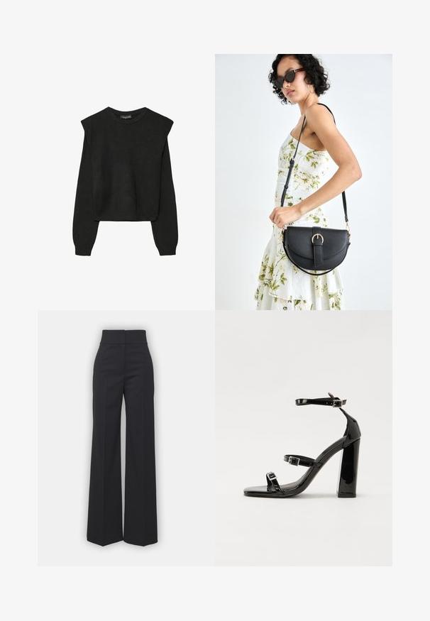 Černý pletený svetr s dlouhými rukávy, vycpanými ramenními částmi a ribbovanými manžetami a lemem, zobrazený na bílém pozadí.; Kalhoty s širokými nohavicemi z černé tkaniny s vysokým pasem, které mají čistý vzhled a hladkou strukturu. Bez viditelného kování nebo vzorů.; Černé lakované sandály na vysokém podpatku se dvěma pásky se sponami, čtvercovou špičkou a robustním blokovým podpatkem, s hladkou, lesklou texturou.; Černá kožená kabelka s křivkovým tvarem, odnímatelným popruhem a zlatými detaily. Kabelka má klopu s přezkou.