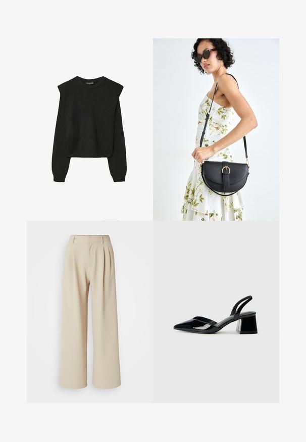 Zwart gebreid trui met lange mouwen, voorzien van gewatteerde schouders en geribbelde manchetten en onderrand, weergegeven tegen een witte achtergrond.; Beige wijde broek met hoge taille, geplooide voorkant en een gladde stoftextuur. Geen zichtbare sluitingen of patronen.; Zwarte gepatineerde leren slingback hakken met een spitse neus en een geometrische blokhak. Kenmerkt zich door een slank, minimalistisch ontwerp en een gladde textuur.; Zwarte leren handtas met een gebogen vorm, afneembare schouderband en gouden hardware. De tas heeft een klep met een gespsluiting.