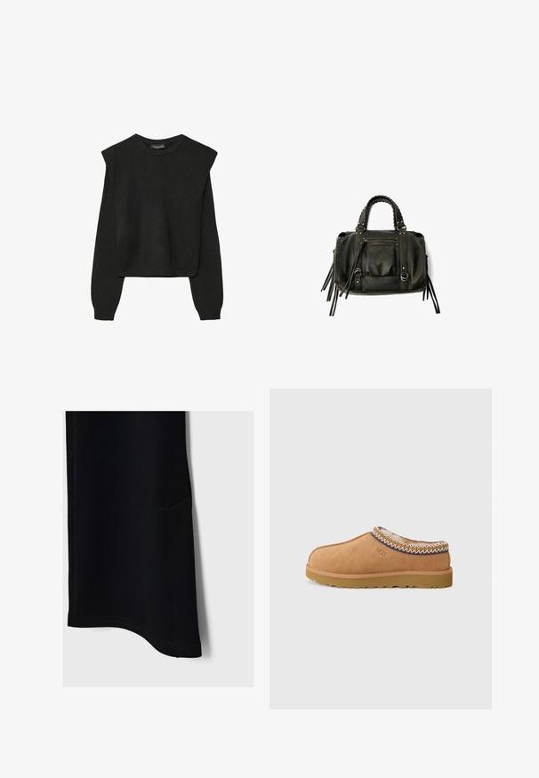 Zwart gebreid trui met lange mouwen, voorzien van gewatteerde schouders en geribbelde manchetten en onderrand, weergegeven tegen een witte achtergrond.; Zwarte sportbroek met een gladde textuur, afgeronde zoom, zijzak en contrasterende stiksels, ontworpen voor comfort en bewegingsvrijheid.; Tan suede instapschoen met een gestructureerde wollen voering en decoratieve etnische stiksel rond de kraag. Voorzien van een rubberen zool.; Zwarte lederen handtas met gevlochten handvatten, ritsvak en hangende franjes. Gelaagde oppervlakte met metalen studs en hardwareaccenten.