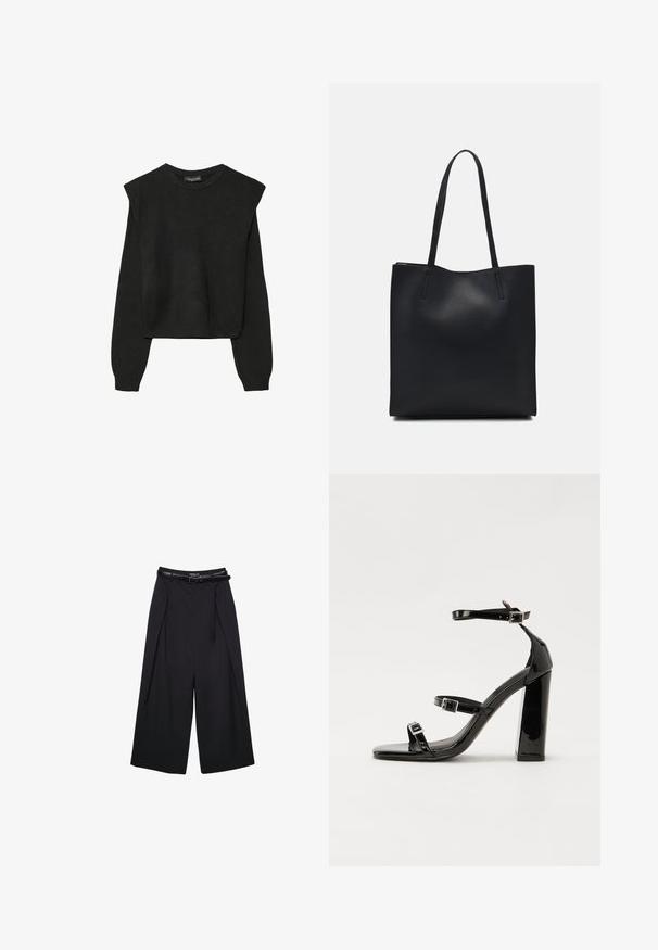 Černý pletený svetr s dlouhými rukávy, vycpanými ramenními částmi a ribbovanými manžetami a lemem, zobrazený na bílém pozadí.; Černé široké kalhoty vyrobené z hladké látky, s vysokým pasem a poutky na pásek, se sklady vpředu a bez viditelných vzorů.; Černé lakované sandály na podpatku se čtveratou špičkou, lýtkovými pásky a stříbrnými přezkami. Disponují masivním blokovým podpatkem pro stabilitu.; Černá kožená taška přes rameno s hladkým povrchem, obdélníkovým tvarem a dvěma dlouhými uchy. Žádné viditelné kování ani ozdoby.