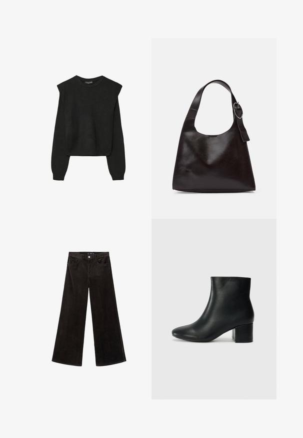 Sort striktrøje med lange ærmer, polstrede skuldre og ribkantede manchetter og kant, vist mod en hvid baggrund.; Sorte fløjlsvide bukser med høj talje, forlommer og en tekstureret stof, der har en knaplukning og bæltestropper.; Sorte læder ankelstøvler med spids tå og en kraftig hæl. Glat tekstur med minimale detaljer og et slankt, tætsiddende design.; Brun læder skuldertaske med en glat tekstur, rund form, bred rem og cirkulært metalaccent på håndtaget.