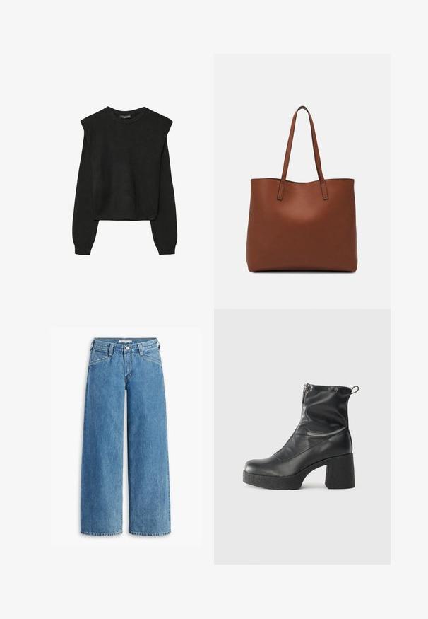 Crna pletena dugoslojna majica sa podloženim ramenima i rebrastim manžetama i rubom, prikazana na bijeloj pozadini.; Svijetloplave široke traperice visokog struka, s pet džepova i klasičnom dugmadi. Ravnog kroja od butina do rubova.; Crne gležnjače od glatke kože, s bočnim zatvaračem, debelim teksturiranim potplatom i dizajnom s zaobljenim prstima.; Smeđa kožna torba preko ramena s glatkom teksturom, otvorenim vrhom i dvjema naramenicama. Ima minimalne šavove i nema vidljivog hardvera.