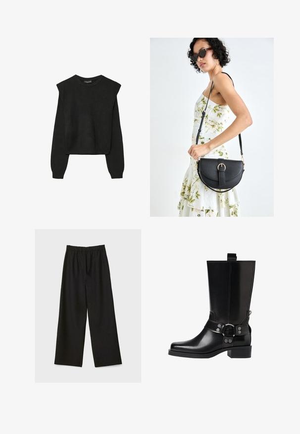 Czarny, długi sweter z dzianiny z poduszkami na ramionach oraz prążkowanymi mankietami i dołem, pokazany na białym tle.; Czarne spodnie szerokie w nogawkach z elastyczną talią, wyeksponowane na jasnym tle.; Czarne skórzane buty za kolano z wydłużonym noskiem, srebrnymi akcentami w postaci klamr oraz masywnym obcasem. Posiadają pętelkę umożliwiającą łatwe zakładanie.; Czarna skórzana torebka o zakrzywionym kształcie, z odpinanym paskiem i złotymi akcentami. Torebka posiada klapę z zapięciem w kształcie klamry.