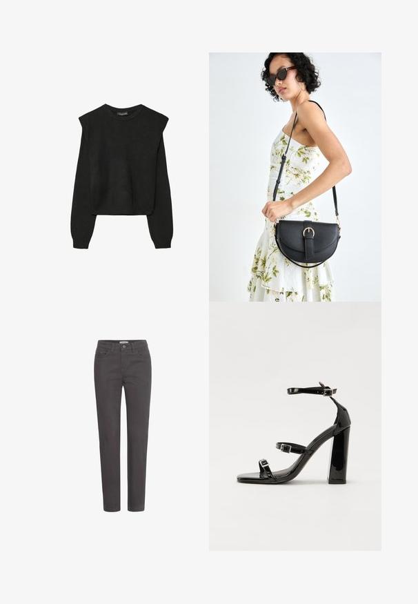 Pull en tricot noir à manches longues avec épaules rembourrées et poignets et ourlet côtelés, présenté sur un fond blanc.; Pantalon en denim gris foncé avec des jambes droites, des poches avant et une fermeture à bouton. Le matériau a une texture lisse et des accents de matériel minimalistes.; Sandales à talons hauts en cuir verni noir avec deux brides à boucles, bout carré et talon bloc épais, présentant une texture lisse et brillante.; Sac à main en cuir noir avec une forme courbée, bandoulière amovible et des accessoires en or. Le sac est doté d'un rabat avec un détail de boucle.