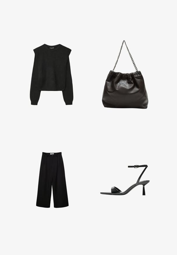 Crna pletena dugoslojna majica sa podloženim ramenima i rebrastim manžetama i rubom, prikazana na bijeloj pozadini.; Crne široke hlače s visokim strukom, nabranim prednjim dijelom i kopčanjem na dugme. Izrađene su od glatkog materijala s krojenim dizajnom.; Bershka Sandale s visokom petom - black; Smeđa kožna torba s naboranim vrhom i lančićem za nošenje. Glatka tekstura s sjajnim završetkom i suptilnim šavnim detaljima sa strane.