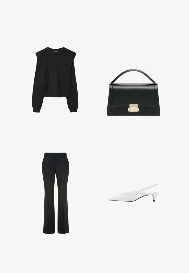 Mustat pitkätuuliseset neulepaidat, joissa on toppaukset harteilla sekä ribbaus hihansuissa ja helmassa, esitetty valkoista taustaa vasten.; Mustat, hulmuavat housut, joissa on sileä pinta ja etu taitos. Sisältävät klassisen vyötärön ja ei näkyviä koristeluja.; Valkeat nilkkaremmikengät, joissa on terävä kärki, sileä päällinen, hienovaraiset aukot ja matala lohkopohja. Musta pohja korostaa muotoilua.; Musta nahkakäsilaukku, jossa on jämäkkä muotoilu, yläkahva ja kultainen metallisolki edessä. Sujuva pinta, minimaalinen ompelu.