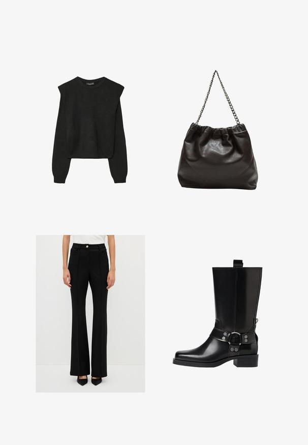 Schwarzer, langärmeliger, gestrickter Pullover mit gepolsterten Schultern sowie gerippten Bündchen und Saum, dargestellt vor einem weißen Hintergrund.; Schwarze, ausgestellte Hosen aus glattem Stoff, mit einem Knopfverschluss, zwei Fronttaschen und maßgeschneiderten Nähten für eine enge Passform.; Schwarze Lederstiefel bis zum Knie mit spitzer Zehenform, silbernen Schnallenakzenten und einem klobigen Absatz. Verfügt über eine Zuglasche für einfaches Anziehen.; Braune Lederhandtasche mit gerafftem Oberteil und Kettenriemen. Glatte Textur mit glänzendem Finish und subtilen Nahtdetails an den Seiten.