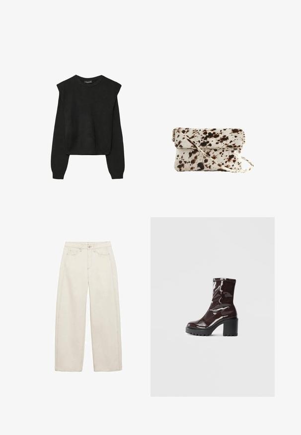 Černý pletený svetr s dlouhými rukávy, vycpanými ramenními částmi a ribbovanými manžetami a lemem, zobrazený na bílém pozadí.; Béžové široké džíny vyrobené z bavlny, s vysokým pasem, dvěma předními kapsami a kontrastními švy. Klasický denimový design s uvolněným střihem.; Lesklá bordó kotníková bota s masivním černým podpatkem, se hladkým povrchem a jednoduchým designem. Žádné viditelné zapínání ani vzory.; Kabelka z hovězí kůže s krémovým základem a tmavě hnědými skvrnami, obdélníkového tvaru, s překlopným klopovým víkem a odnímatelným ramenním popruhem.