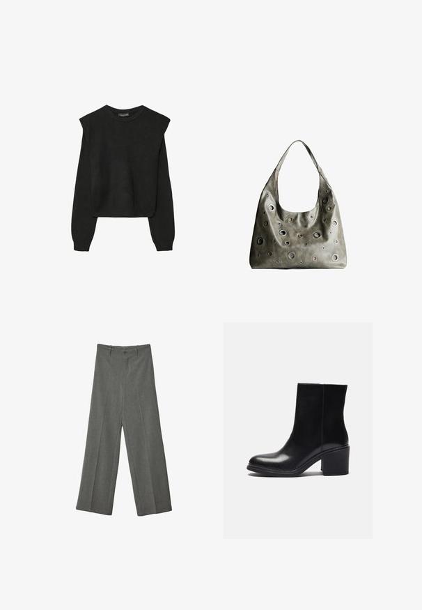Černý pletený svetr s dlouhými rukávy, vycpanými ramenními částmi a ribbovanými manžetami a lemem, zobrazený na bílém pozadí.; Šedé široké kalhoty vyrobené z texturované tkaniny, s předním zpevněním a dvěma kapsami, se zapínáním na jeden přední knoflík.; Černá kožená kotníková bota s kulatou špičkou a blokovým podpatkem. Hladký povrch, čisté linie a minimální detaily prošití.; Olivově zelená kožená kabelka s uvolněným designem, která má kulaté výřezy různých velikostí a akcenty v tmavších a světlejších odstínech.