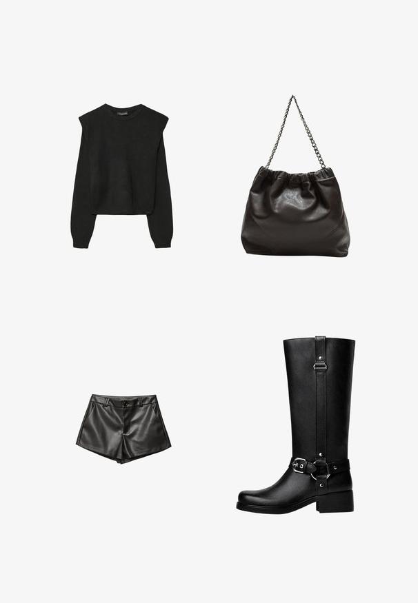 Czarny, długi sweter z dzianiny z poduszkami na ramionach oraz prążkowanymi mankietami i dołem, pokazany na białym tle.; Czarne skórzane szorty o dopasowanym kroju, z bocznymi kieszeniami, z przodem zapinanym na guzik oraz gładką, błyszczącą teksturą.; Wysokie czarne buty z faux skóry, z okrągłym noskiem, detalem klamry na pasku oraz grubym obcasem. Gładka tekstura i pionowa szew na cholewie.; Brązowa skórzana torba z marszczonym szczytem i łańcuszkowym paskiem. Gładka tekstura z błyszczącym wykończeniem i subtelnymi detalami szwów po bokach.