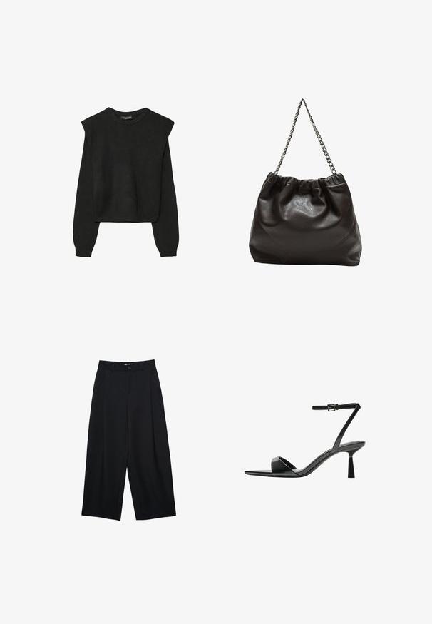 Black long-sleeve knitted sweater with padded shoulders and ribbed cuffs and hem, shown against a white background.; Black wide-leg trousers made of smooth fabric, featuring a front button closure, pleats, and side pockets for added utility.; Bershka High heeled sandals - black; Brown leather bag with a gathered top and a chain strap. Smooth texture with a glossy finish and subtle seam detailing on the sides.