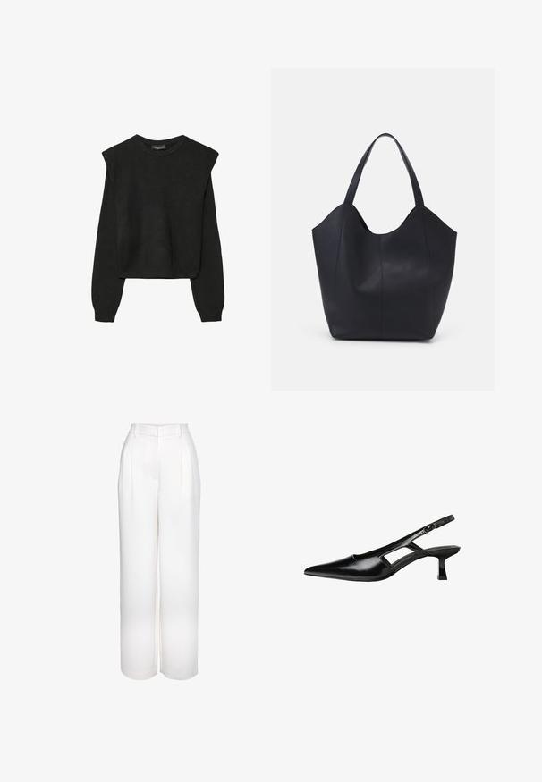 Črn dolgi pulover iz pletenine z oblazinjenimi rameni ter rebrastimi manšetami in robom, prikazan na beli podlagi.; Široke hlače iz belega poliestra, ki vključujejo gube in ustrezno pasnico z zankami za pas. Gladka tekstura in minimalni oblikovni detajli.; Črne patentični usnjeni salonarji s slingback designom, z zašiljenim nosom, izrezanim stranskim dizajnom in majhnim kvadratnim peto. Gladka tekstura z minimalnimi detajli.; Črna torba v obliki tote iz gladke usnjene površine, ki ima ukrivljen odprt vrh z dvema naramnicama in minimalističnim dizajnom.