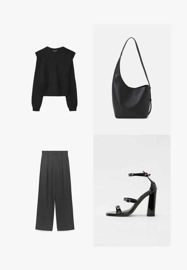 Maglione nero a maniche lunghe in maglia con spalle imbottite e polsini e orlo a coste, mostrato su uno sfondo bianco.; Pantaloni a gamba larga in tessuto grigio scuro, con una texture liscia, pence frontali e una vita standard con passanti per la cintura.; Sandali con tacco in vernice nera, con punta squadrata, cinturini alla caviglia e fibbie in argento. Presentano un tacco a blocco spesso per maggiore stabilità.; Borsa hobo nera in pelle con una superficie liscia, forma curvata e una singola tracolla regolabile; presenta un'ampia apertura nella parte superiore.