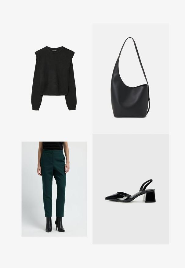 Czarny, długi sweter z dzianiny z poduszkami na ramionach oraz prążkowanymi mankietami i dołem, pokazany na białym tle.; Ciemnozielone, dopasowane spodnie o wąskim kroju, wykonane z gładkiego materiału. Posiadają wysoki stan i boczne kieszenie, zestawione z czarnymi botkami na obcasie.; Czarne lakierowane półbuty na obcasie z wydłużonym noskiem i geometrycznym słupkiem. Charakteryzują się eleganckim, minimalistycznym designem oraz gładką fakturą.; Czarna skórzana torba hobo o gładkiej fakturze, zaokrąglonym kształcie i pojedynczym, regulowanym pasku; posiada szerokie otwarcie na górze.