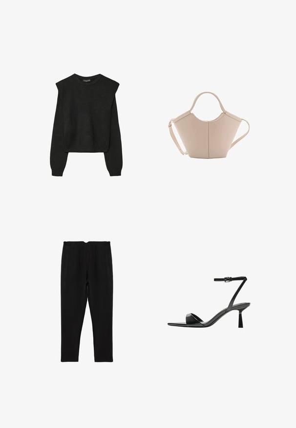 Pull en tricot noir à manches longues avec épaules rembourrées et poignets et ourlet côtelés, présenté sur un fond blanc.; Pantalon noir au design ajusté, avec une taille plate, deux poches latérales et des plis à l'avant, fabriqué à partir d'un tissu lisse.; Bershka Sandales à talons hauts - black; Sac à main en cuir beige avec une forme unique, doté de deux poignées courtes et d'une longue sangle réglable. Texture lisse avec un minimum de matériel.