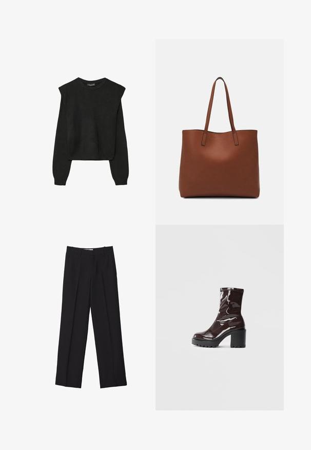 Pull en tricot noir à manches longues avec épaules rembourrées et poignets et ourlet côtelés, présenté sur un fond blanc.; Pantalons noir sur mesure avec une coupe droite, présentant des plis doubles, une texture lisse et des détails de couture frontale subtils.; Bottines bordeaux brillantes à talon épais noir, avec une texture lisse et un design simple. Aucune fermeture visible ni motifs.; Sac fourre-tout en cuir marron avec une texture lisse, design à ouverture supérieure et deux poignées pour le porter à l'épaule. Présente des coutures minimales et aucun matériel visible.