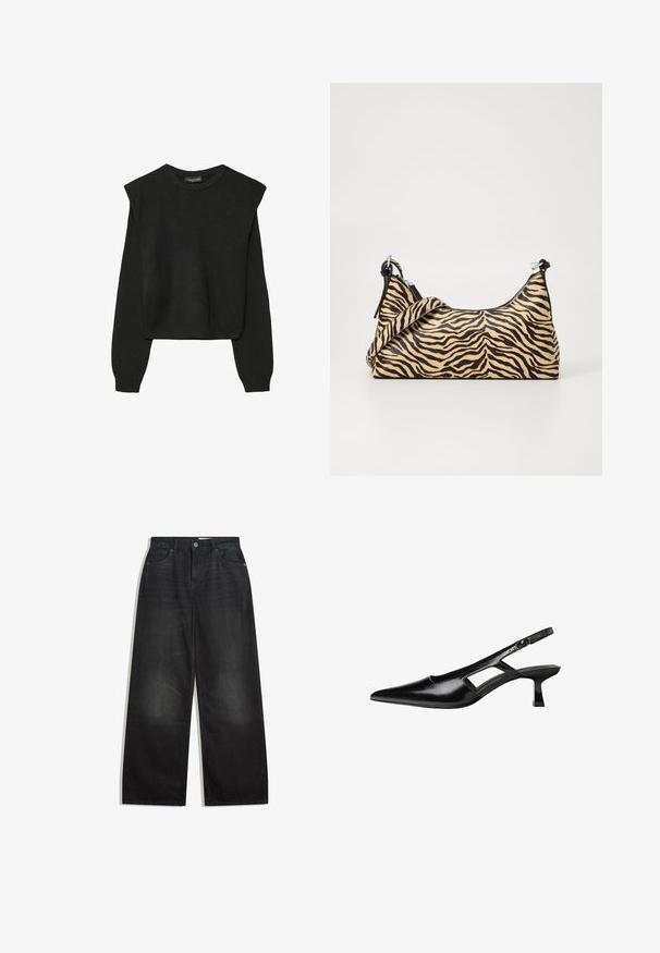 Crna pletena dugoslojna majica sa podloženim ramenima i rebrastim manžetama i rubom, prikazana na bijeloj pozadini.; Široke crne traperice s visokim strukom, sa pet džepova i zatvaračem. Tkanina ima glatku teksturu s laganim izbljeđivanjem.; Crne lakirane natikače na remenčić sa špicastim nosom, dizajnom sa izrezima sa strane i malim kvadratnim potplatom. Glatka tekstura s minimalnim akcentima.; Torbica za nošenje u uzorku tigrove pruge, s bež podlogom i crnim prugama, glatke teksture i crnim detaljima. Uključena podesiva traka.