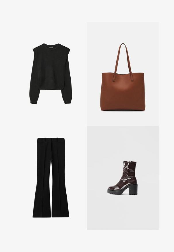Black long-sleeve knitted sweater with padded shoulders and ribbed cuffs and hem, shown against a white background.; Reiss GABI FLARED - Trousers - black; Glossy burgundy ankle boot with a chunky black heel, featuring a smooth texture and simple design. No visible fastenings or patterns.; Brown leather tote bag with a smooth texture, open top design, and two shoulder straps. Features minimal stitching and no visible hardware.