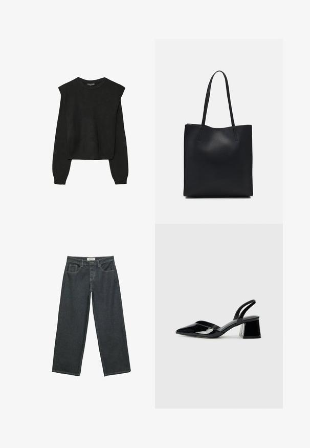 Crna pletena dugoslojna majica sa podloženim ramenima i rebrastim manžetama i rubom, prikazana na bijeloj pozadini.; Tamno sivi široki traperice napravljene od denima, s visokim strukom, pet džepova i vidljivim šavovima duž šavova.; Crne lakirane kožne sandale s otvorenom petom i špicastim vrhom, s geometrijskom blok petom. Imaju elegantan, minimalistički dizajn i glatku teksturu.; Crna kožna torba za nošenje s glatkom teksturom, pravokutnim oblikom i dvije duge ručke. Nema vidljivih metalnih dijelova ili ukrasa.